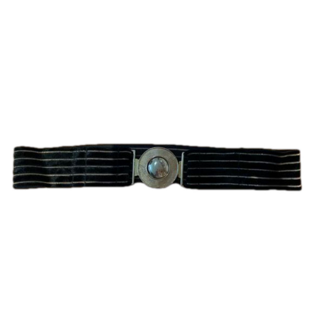 Vintage 80’s Black and Gold Striped Stretch Belt w/Gold Tone Toggle Size Large